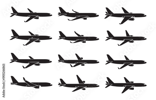 Multiple airplanes in silhouette showing different views and models for air travel concept design