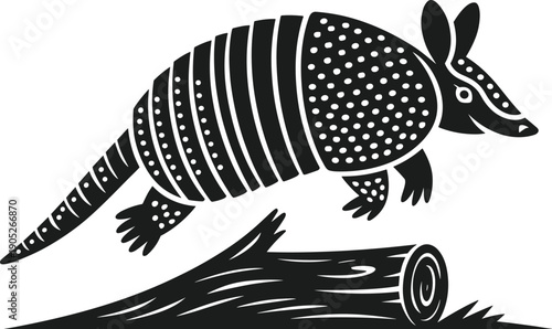 Armadillo illustration silhouette, wildlife animal vector, folk art style armadillo jumping over log isolated on white background