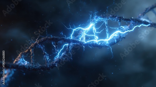 Close-up of a glowing DNA strand with electric sparks and lightning effects, representing genetic science and technology