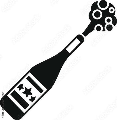 Champagne bottle with a label and stars, popping cork releasing bubbles