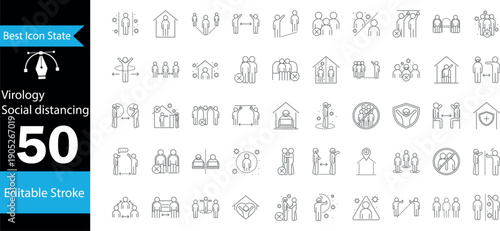 Virology and Social Distancing Line Icon Set – Virus, Pandemic, Mask, Quarantine, Healthcare, Medical Safety Icons.