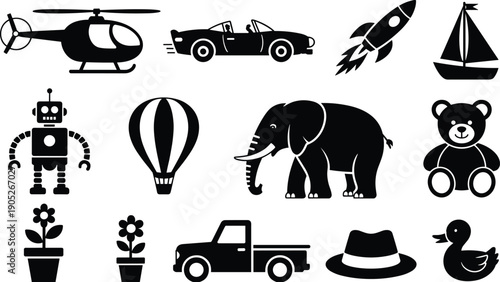 Black silhouette icon set, with helicopter car rocket sailboat robot elephant toys plants vehicles objects vector illustration collection design elements