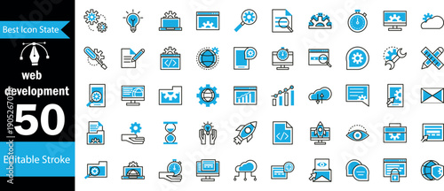 Web Development Line Icon Set – Coding, Programming, UI UX, Responsive Design, API, Cloud, Frontend Backend Icons.