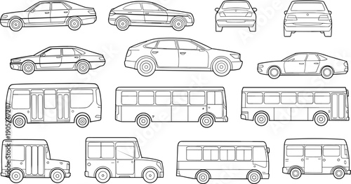 Car and bus line art illustration set with multiple side front rear views, urban transport vehicle black vector collection
