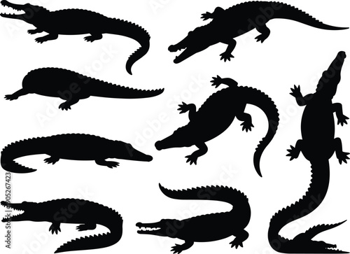 Crocodile silhouette icon set with multiple poses, black alligator reptile animals collection for wildlife design vector illustration pack elements symbols