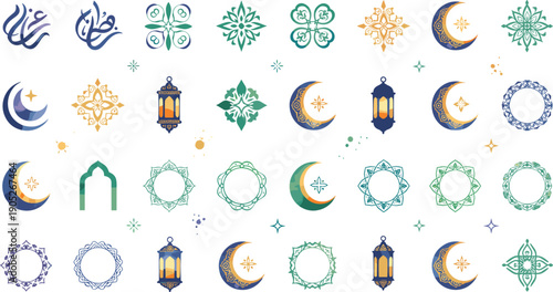 Islamic Ornament Set with Geometric Mandalas, Ornate Frames, Lanterns and Crescent Moons for Ramadan and Eid Mubarak Decorative Design