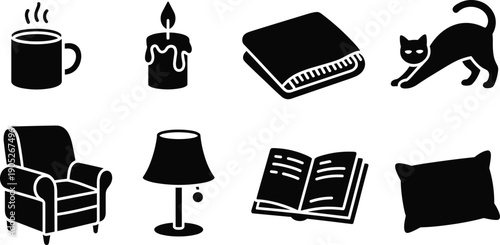 Cozy home lifestyle icon set with coffee candle book cat chair lamp pillow, comfort relaxation black vector illustration