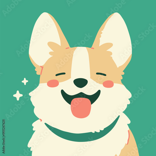 A happy corgi poses with a big smile and a wagging tongue against a green background in a cheerful setting.