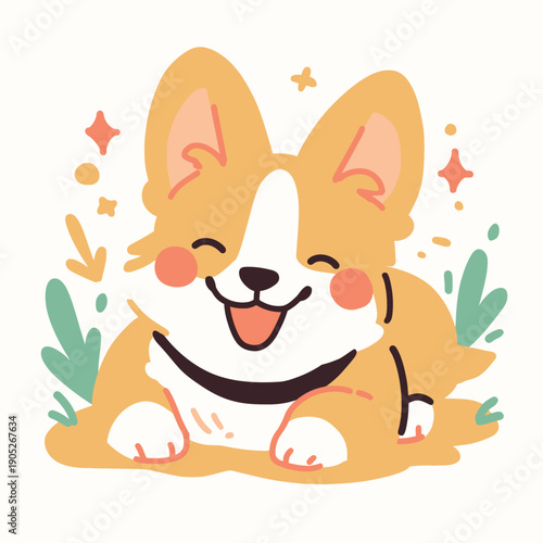A corgi lies on the grass with a big smile. The dog looks cheerful, surrounded by simple designs and bright colors.