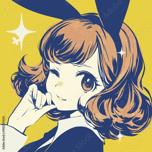 A girl wearing bunny ears smiles and winks while posing playfully. The setting is bright with a yellow background.