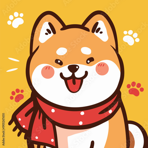 A Shiba Inu dog sits and smiles while wearing a red scarf. The background is yellow with paw prints around it.