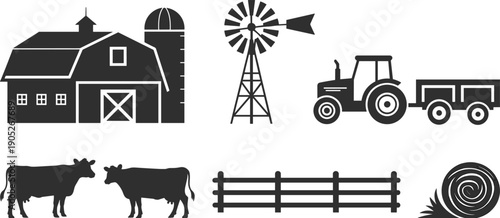 Farm agriculture icon set featuring barn windmill tractor cows fence hay bale rural farming silhouette vector illustration isolated black graphic