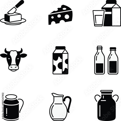 Dairy food and milk icons set with cheese butter bottles jars cow black outline silhouette vector illustration collection