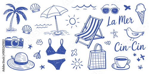 Chalk Doodle Style Vector Illustration Set, Creative Summer Hand Drawn Ink Design Elements for Prints, Labels, Covers, and Sea Vacation Invitations, Beach Party, Picnic, and Save the Date Events