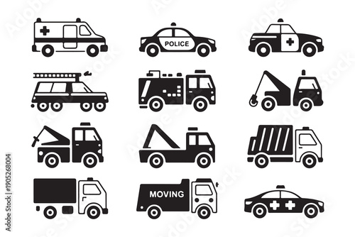 Set of black and white special purpose vehicle icons including ambulance police fire truck and tow truck