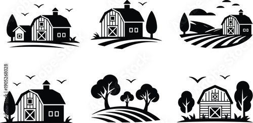 Farm barn silhouette icon set with rural landscape fields trees and birds, countryside agriculture black vector illustration collection
