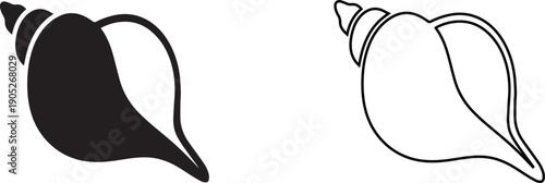 Vector illustration set of spiral seashell icons in black silhouette and outline styles, representing tropical summer beach nature, marine ocean animal, and conch symbol.