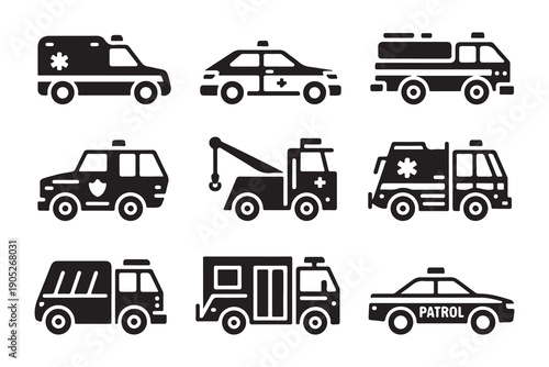Emergency fleet vehicle silhouettes with patrol cars paramedic ambulances and specialized fire fighting trucks