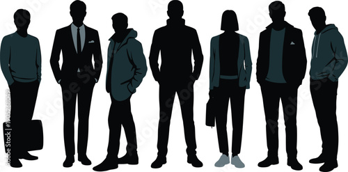 Silhouettes of seven diverse individuals in formal and casual attire, holding briefcase and handbag, symbolizing fashion diversity, workforce roles, lifestyle, and professional identity
