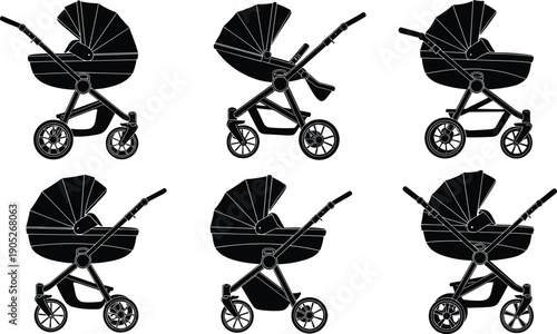 Baby stroller silhouette set, infant carriage designs, pram models, parenting gear, mobility tools, vector sketch, flat cad drawing illustration