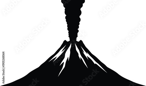 Volcanic eruption landscape silhouette illustration with smoke and ash