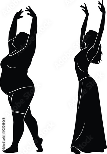 Body positive female dancer silhouettes, contrasting curvy and slim figures, graceful contemporary ballet poses, black vector illustration for diversity, movement, elegance