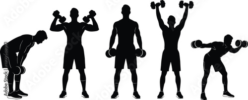 Bodybuilder silhouettes set, featuring athletic men lifting dumbbells and performing shoulder exercises, perfect for gym fitness posters and workout training graphics.