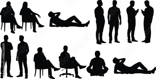 Silhouettes of people in various postures and social interactions, sitting, standing, lying down, conversation, mobile device use, body language illustration