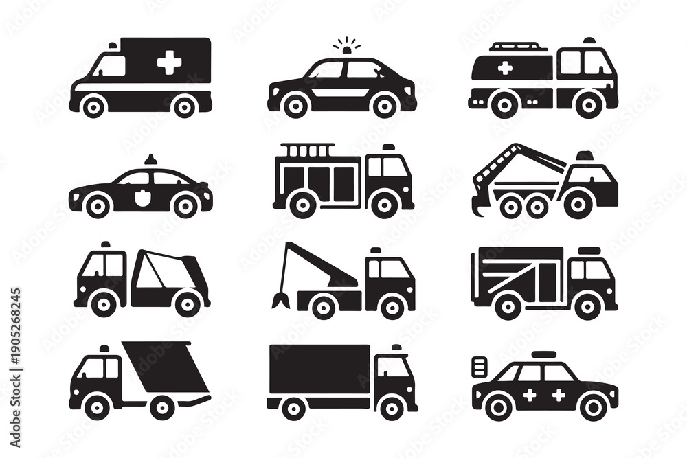 Naklejka premium Set of black and white special purpose vehicle icons including ambulance police fire truck and tow truck