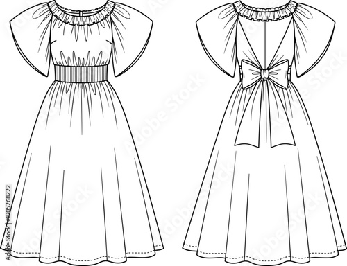 CAD drawing flat vector illustration of elegant dress design, front and back view, gathered neckline, bow detail, fashion sketch