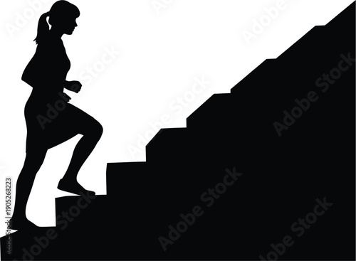 Woman climbing stairs in silhouette, dynamic motion, stairs, fitness, exercise, illustration