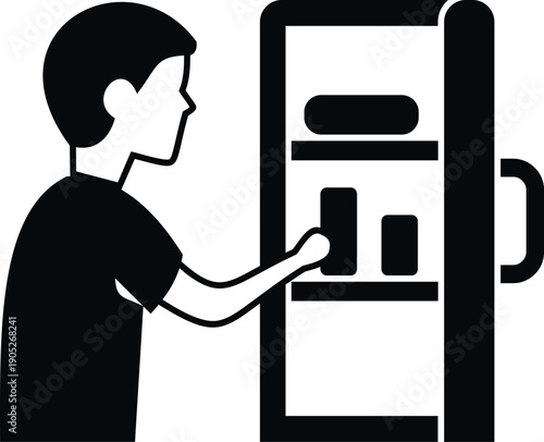 Person choosing a beverage from an automatic dispenser, black and white line art