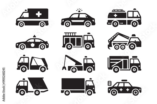 Set of black and white special purpose vehicle icons including ambulance police fire truck and tow truck