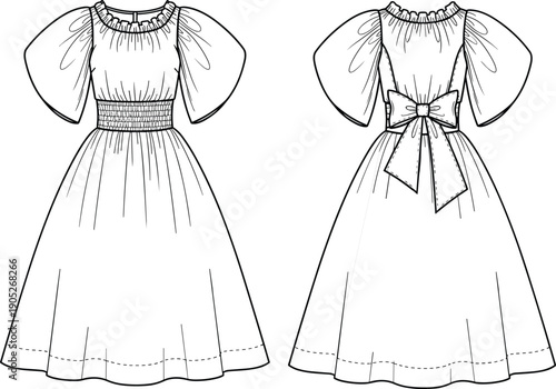 CAD drawing flat vector illustration of dress design, front and back view, fashion sketch, sewing pattern, garment construction reference
