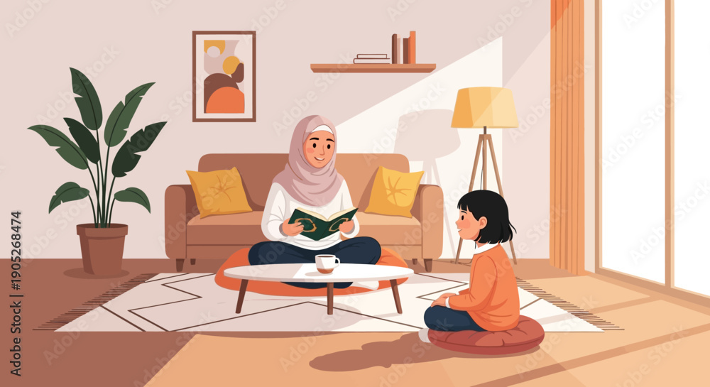 Fototapeta premium Muslim mother and daughter reading book together in cozy living room, Islamic family bonding