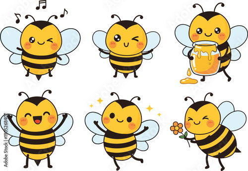 Cartoon bee character set, playful insect poses, honey jar, flower holding, joyful expressions, vector sketch, flat cad drawing illustration