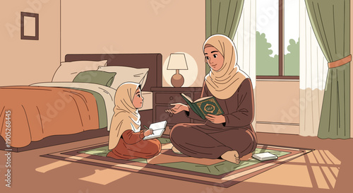 Mother teaching daughter Quran on prayer mat in bedroom, Islamic family education