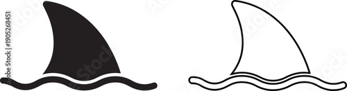 Vector illustration set of shark fin icons in black silhouette and outline styles, representing ocean danger warning, summer beach swimming safety, and marine animal predator.