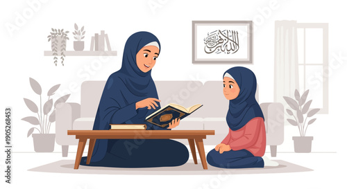 Mother teaching daughter to read Quran at home, Islamic family values, education