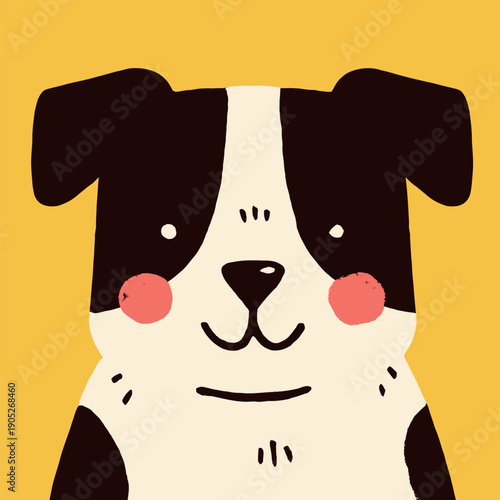 A dog with a black and white coat. It has a friendly face with rosy cheeks and a light background.