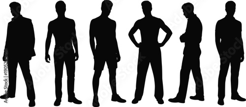 Six silhouettes of diverse male figures in casual, athletic, and formal attire, standing side by side, symbolizing fashion diversity, individuality, posture, and character representation
