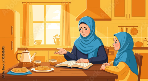 Muslim mother and daughter in kitchen, sharing a story from a book