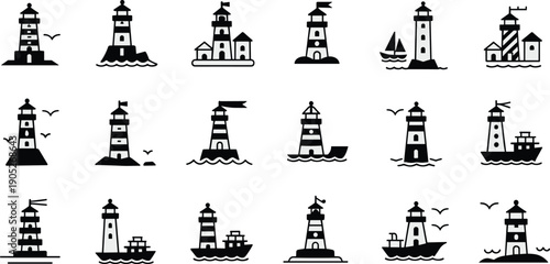 Lighthouse silhouette icon set with coastal navigation towers ships waves, maritime sea symbols black vector illustration collection