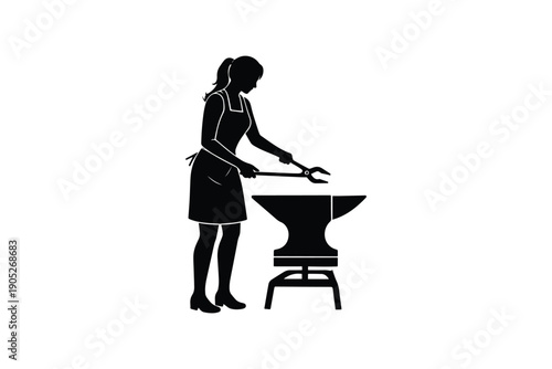 Blacksmith woman with tongs working on anvil, traditional craft metalwork, industrial skill, female artisan silhouette