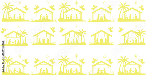 Nativity scene silhouette set, christmas birth of jesus, holy family manger stable angels stars palm trees isolated on white background