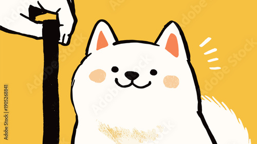 A hand holds a black leash while a white dog sits happily in front of a bright yellow background.