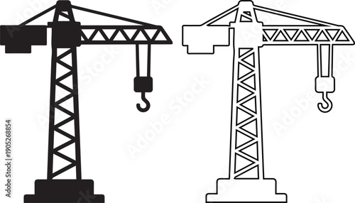 Vector illustration set of construction tower crane icons in black silhouette and outline styles, representing heavy industry building machinery and engineering site equipment.