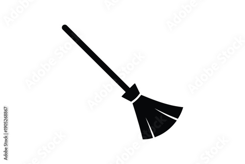 Broom icon, cleaning tool with bristles and handle, domestic chore equipment, housekeeping object silhouette