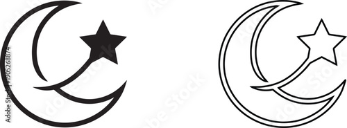 Vector illustration set of crescent moon and star icons in black silhouette and outline styles, representing night sky, sweet dreams sleep, and Islamic religious symbol.