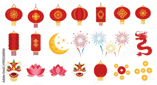 Chinese New Year Icons Collection: Lanterns, Dragon, Fireworks, Moon, Lotus, Lion Dance